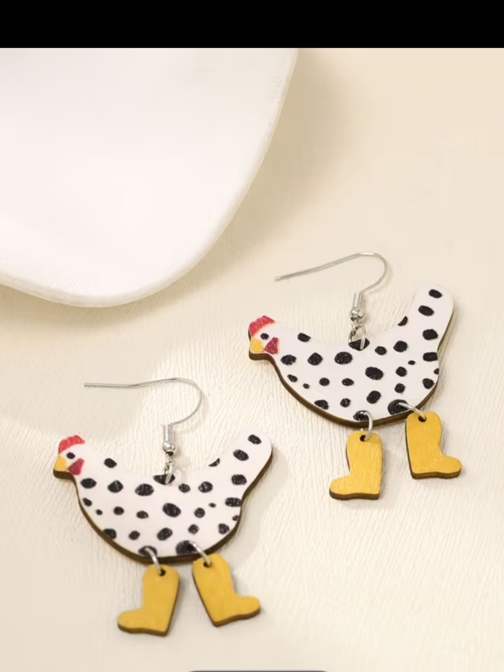 Playful Chicken Drop Earrings in White and Yellow - Picture 3 of 5